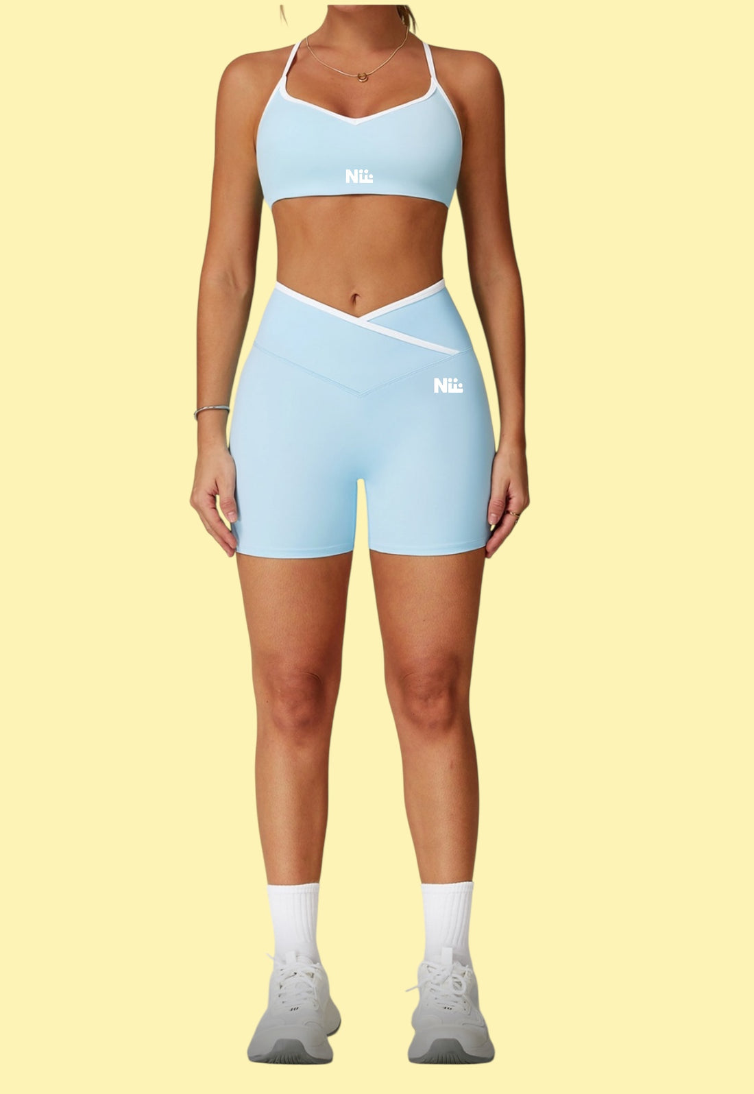 Nevafold White Trim Bra And Yoga Shorts Sets.